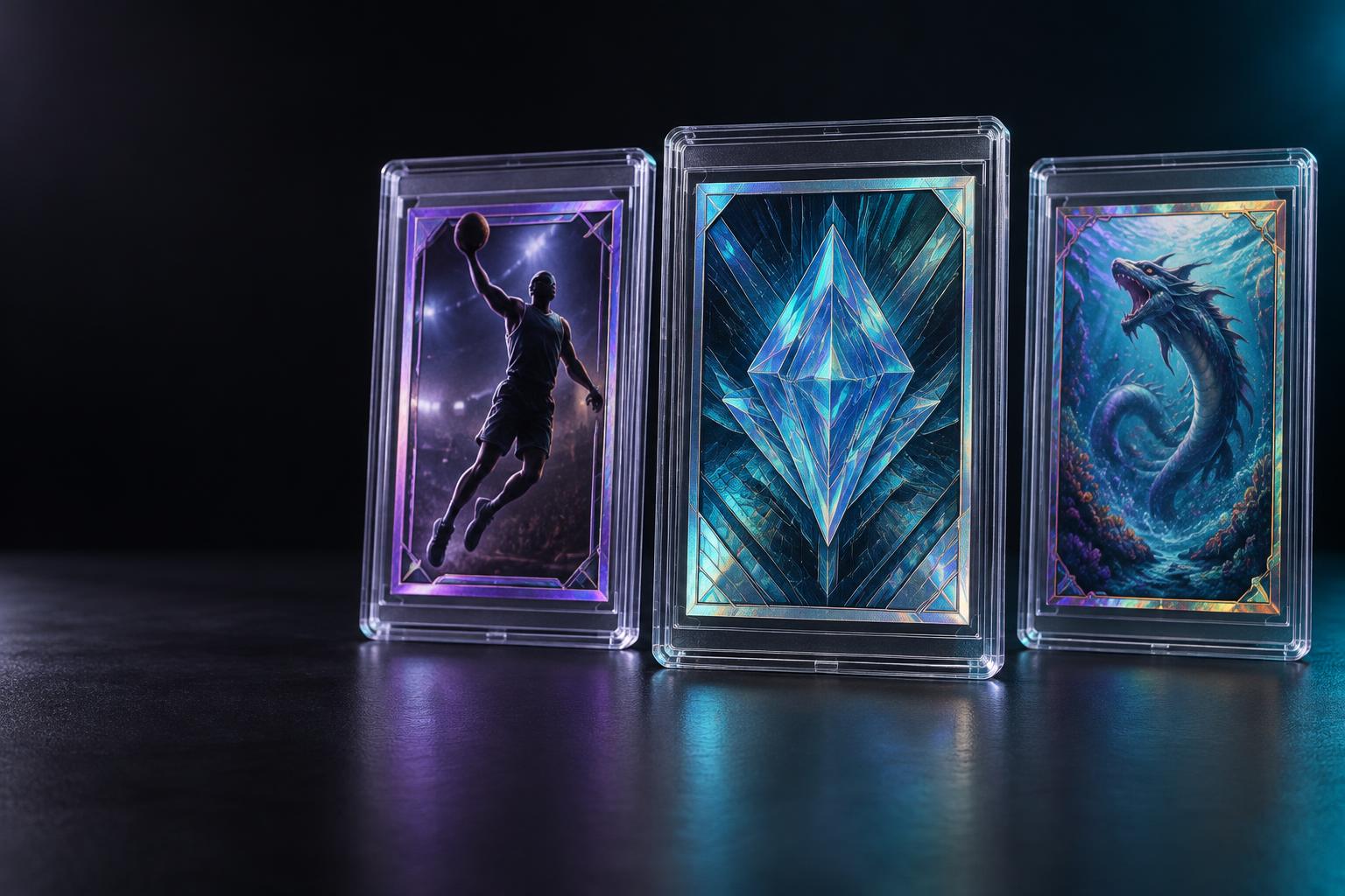 Illustrative sports and fantasy collectible cards in protective slabs with cyan and violet foil